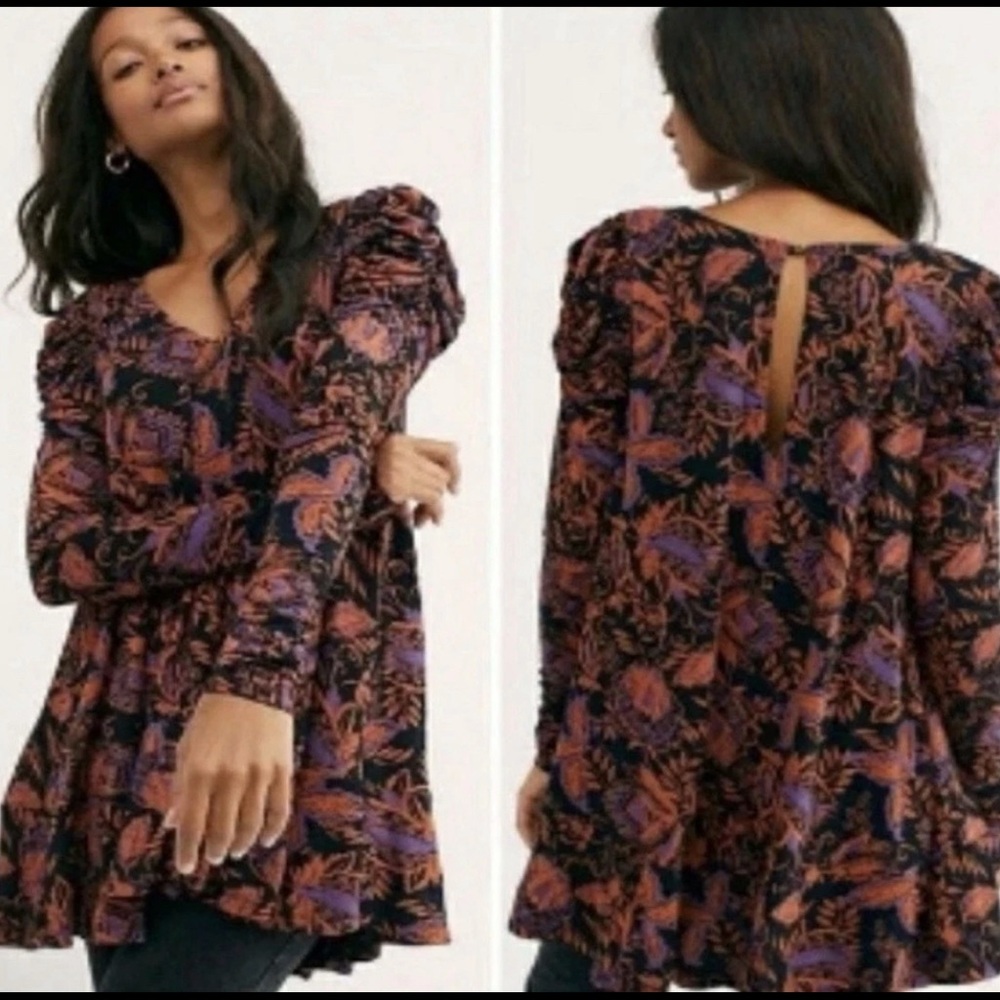 Free People Hello Lover Tunic floral-printed ruched long sleeve V-neck Small